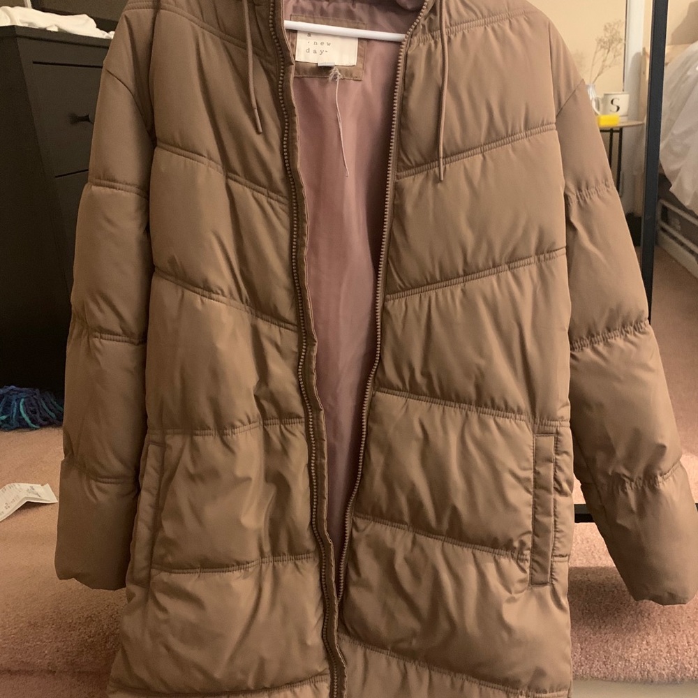 Long Brown Puffer Jacket with Hood